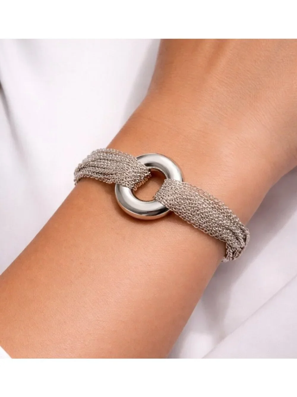 Tiffany Multi Strand Mesh Chain Round Circle Toggle Bracelet in Sterling Silver